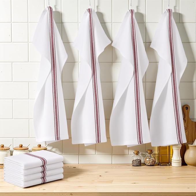 Homaxy 100% Ring Spun Cotton Kitchen Towels 6 Pack, Red Stripe | 15 x 25 Inch, Highly Absorbent Dish Towels for Kitchen Drying, Reusable Cleaning Cloths, Soft Tea Towels with Hanging Loop