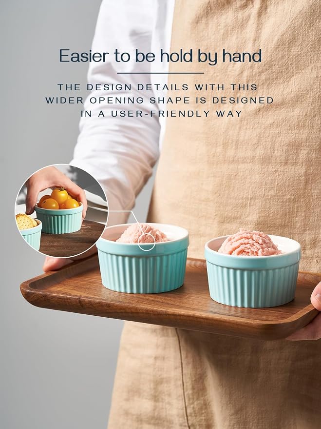 DOWAN 8 oz Ramekins for Creme Brulee, Porcelain Ramekin Oven Safe, Classic Style Ramekins for Baking Souffle Dishes Small Bowls, Set of 6, Blue