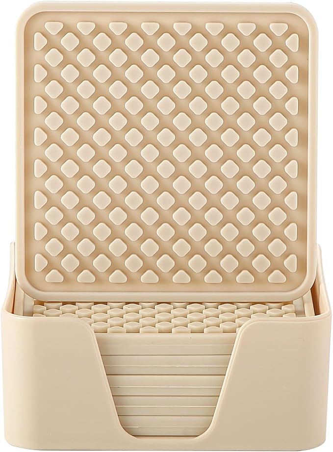 Colinda Silicone Drink Coasters with Holder, Set of 6, for Tabletop Protection and Office Desk, Cup Mat Set for Home Decor, Non-Slip and Non-Stick,Square, 4 Inch,Beige