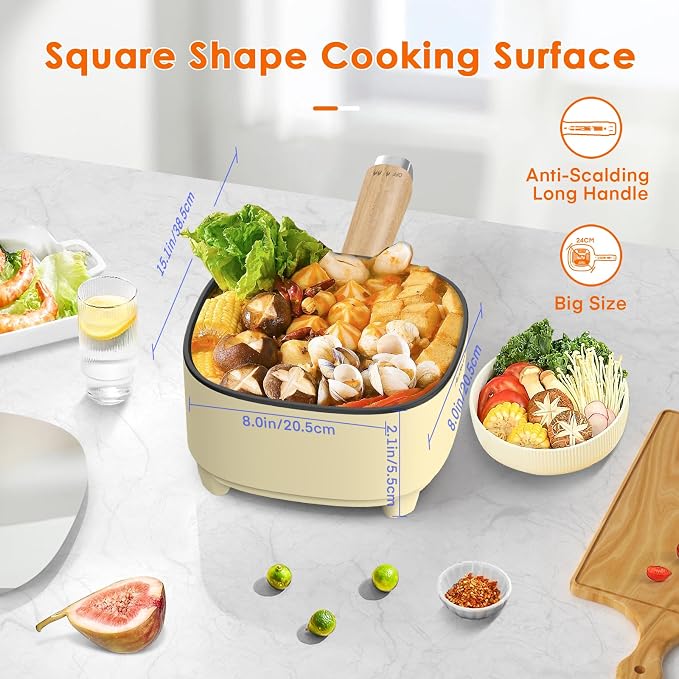 Audecook 2L Electric Hot Pot, Non-Stick Ramen Cooker with Cooking Rack | Dual Power Control Electric Pot For Cooking Steak, Egg, Ramen, Oatmeal & Soup | Portable Pot for Dorm, RV, Travel & Camping