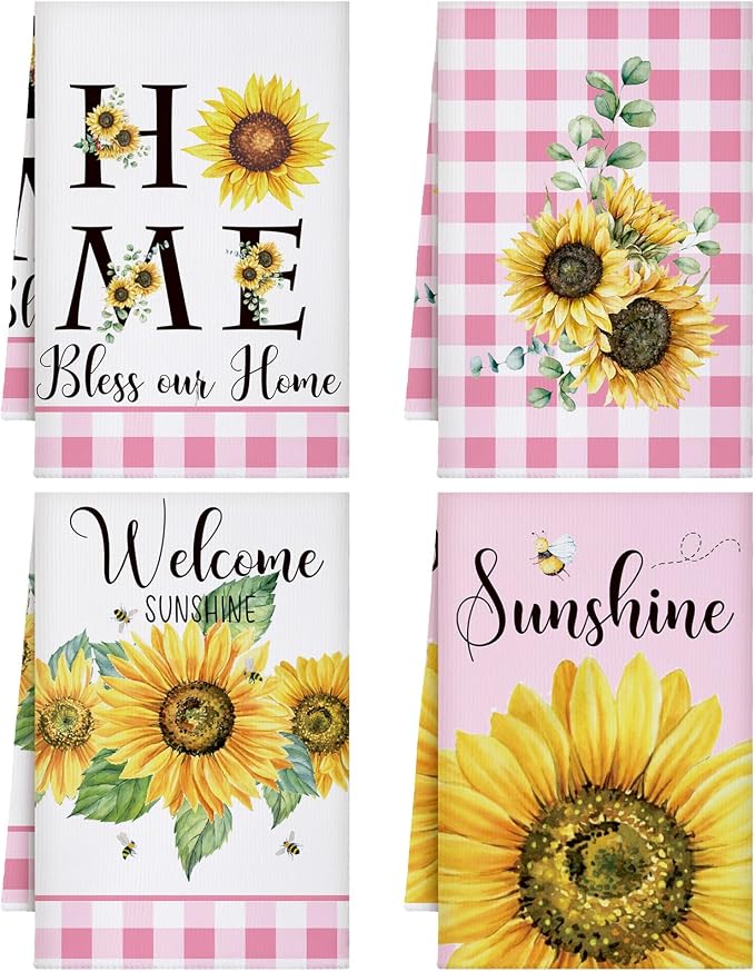 4 Pcs Sunflower Kitchen Towels Pink White Hand Dish Towels Gifts | Absorbent Sunshine Grid Fast Drying Decor Housewarming Gift for Cooking Bathroom Kitchen Decor