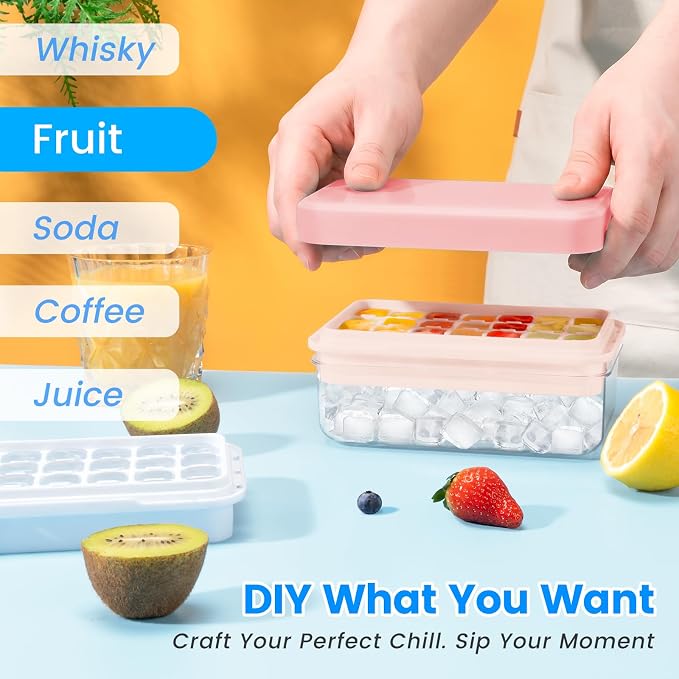 Ice Cube Tray with Lid and Bin, Easy Release 28 Cubes for Freezer | Food-grade BPA-free PP and ABS. Ice cubes for fruit, cocktails, iced coffee. Space-saving stackable with scoop