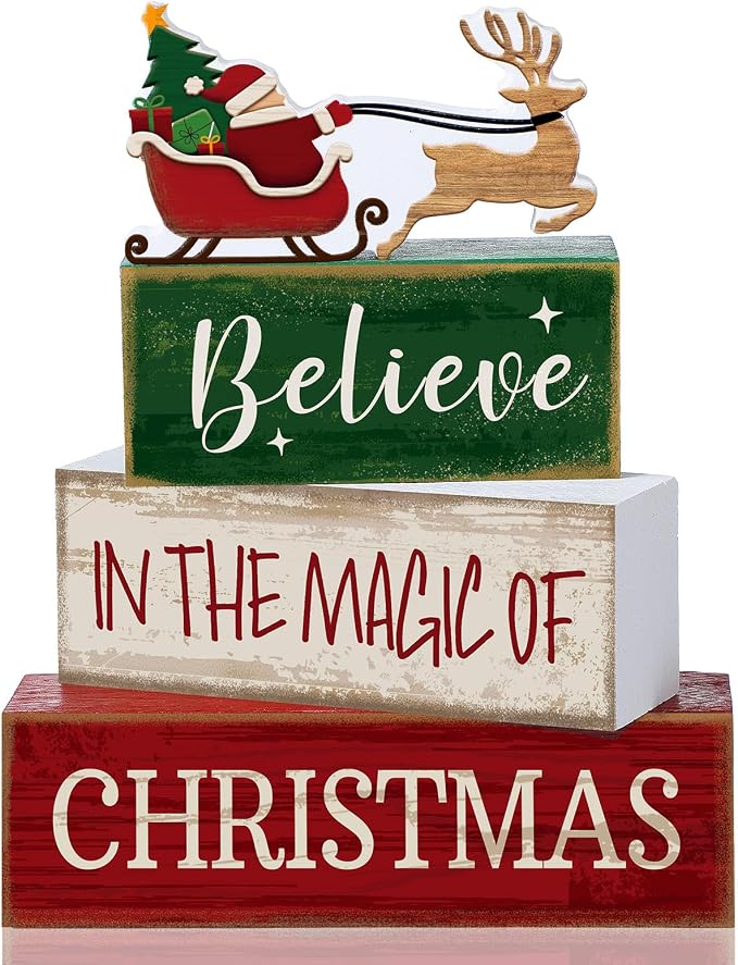 Lineshading 4 Pcs Christmas Table Decorations Wooden Stacked Block Santa | Rustic Farmhouse Block Sign with Believe Message, Tiered Tray Decor for Home Shelf, Xmas Decorations for Mantel Party
