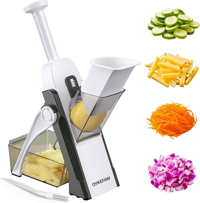 Safe Mandoline Slicer for Kitchen, 5 in 1 Vegetable Food Chopper for Potato | Potato Slicer, French Fry Cutter, Food Chopper, Adjustable Thickness 0.1-8 mm, Fast Meal Prep, with Cleaning Brush（Black）