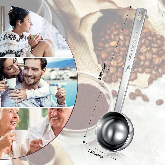 Geiserailie 2 Pcs 2 Tablespoon Scoops with Long Handle, 30 ml Stainless Steel Measuring Spoon for Coffee Milk Fruit Powder, Loose Tea Dry, Spice Jar, Cooking Baking, and Other Dry Goods