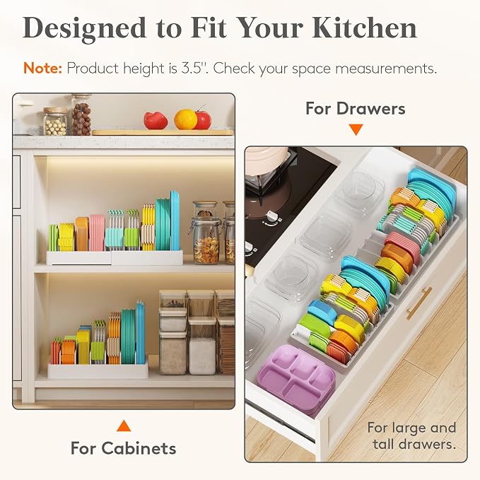 Lifewit Kitchen Cabinet Organizer for Food Contanier Lid with 7 Sections | Lid Holder with 6 Adjustable Dividers for Pantry Organizers and Storage, Home Drawer Organization, White, Large, 13" x 10"