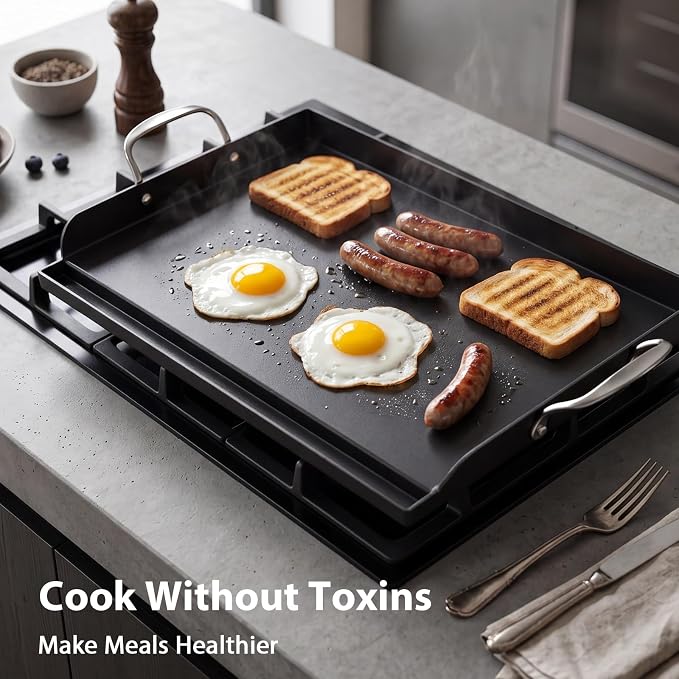 Utheer 25" x 16" Pre-Seasoned Nonstick Cast Iron Griddle for Gas & Charcoal | Universal Flat Top with Grease Groove, Reinforced Ridges & High Sidewalls, Great for Stove, Parties, Camping & Tailgating