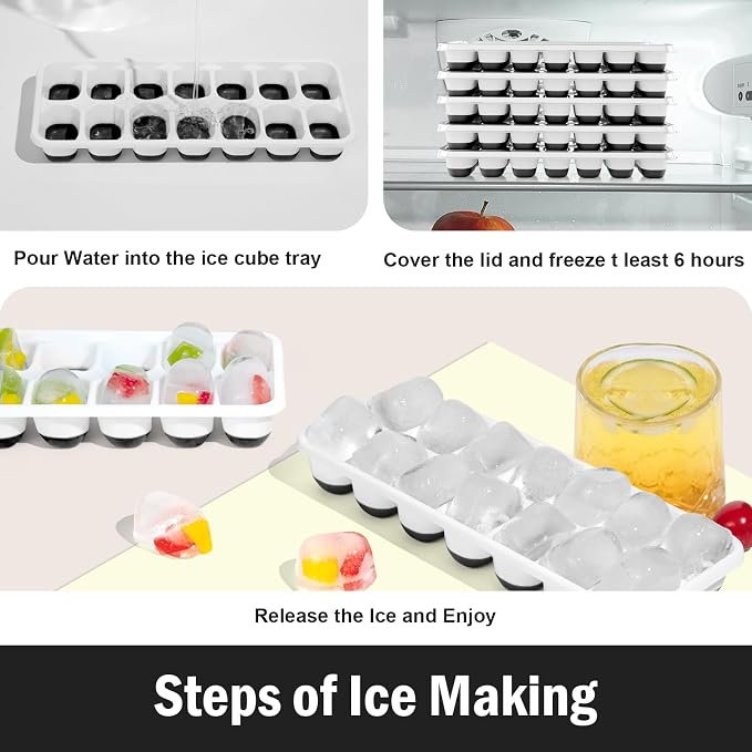 Ice Cube Trays 5 Pack for Freezer – 70 Cubes, Reinforced Snap Lids That Stay Closed, Silicone Push-Release Bottom, BPA-Free PP Frame, Stackable Ice Molds – Modern Home Bar & Everyday Freezer Use