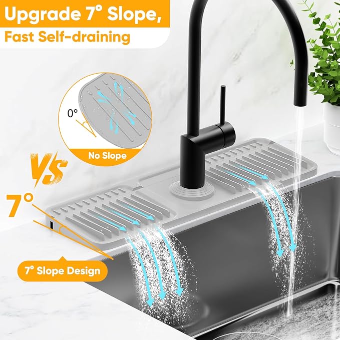 17.7'' Folding Faucet Mat for Kitchen Sink Splash Guard[7° Slope Fast Self-draining][Snap Lock Fit] Kitchen Sink Faucet Mat Splash Guard Kitchen Sink Area Water Splash Guard Behind Faucet Draining Mat