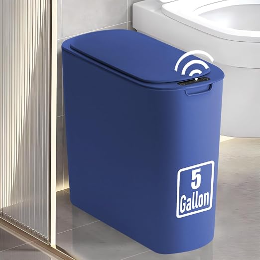 TIPGO 5 Gallon Automatic Bathroom Trash Can with Lid, Blue, Touchless | Motion Sensor, Slim Smart Garbage Bin, Plastic Wastebasket, Battery Operated, Manual Button, for Bedroom, Office,RV