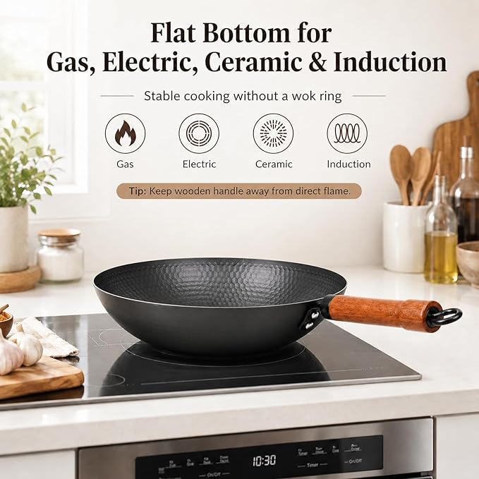 WANGYUANJI Carbon Steel Wok Pan with Lid, 12.6 Inch Flat Bottom Wok for Induction, Gas & Electric Stoves, Chinese Stir Fry Pan with Detachable Wooden Handle