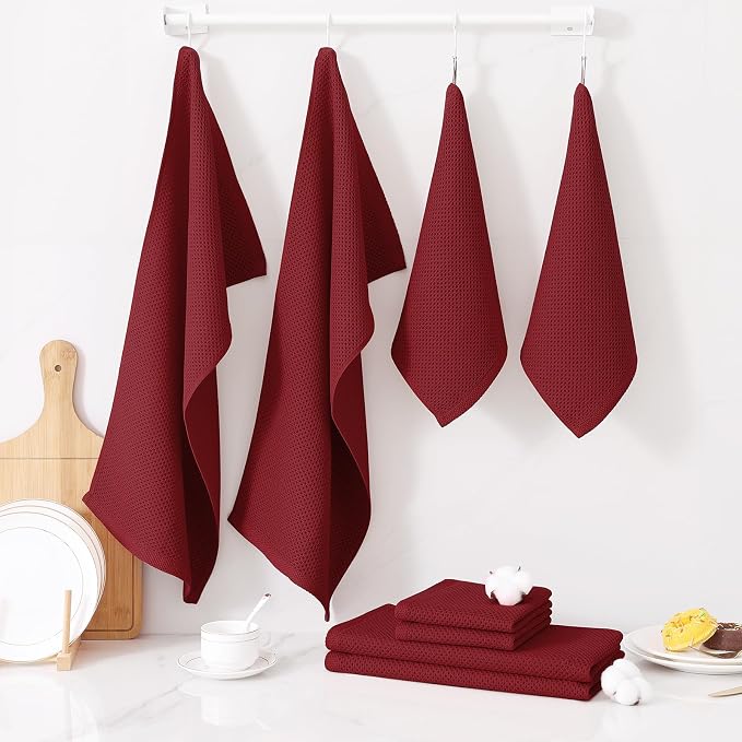 Homaxy 16 Pack 100% Cotton Kitchen Towels and Dishcloths Set, Burgundy | 12 x 12 Inches and 13 x 28 Inches Kitchen Towels Set, Ultra Soft Absorbent Dish Cloths for Washing Dishes