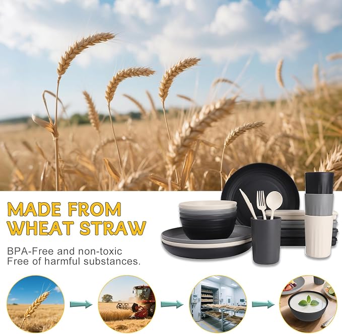 PYRMONT Plates and Bowls Sets 28 Piece Wheat Straw Dishes Set for 4 Unbreakable & Lightweight Dishware Sets for Kitchen,RV Essentials,Camping Cutlery Set Microwave & Dishwasher Safe-Grey Stone