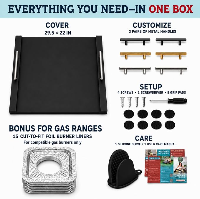 RVTHEUS® Noodle Board Stove Cover, 29.5x22", for Gas & Electric Stoves | Includes 3 Handle Pairs in Black, Gold & Silver, Stove Top Covers for Gas Burners, Stove Covers for Gas Stove Top