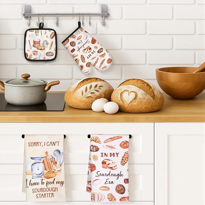 Hahafelt 5 Pcs Sourdough Gifts: Apron Kitchen Towels Oven Mitt Pot Holder | Sourdough Baking Gift Set for Bakers, Bread Lovers, Women