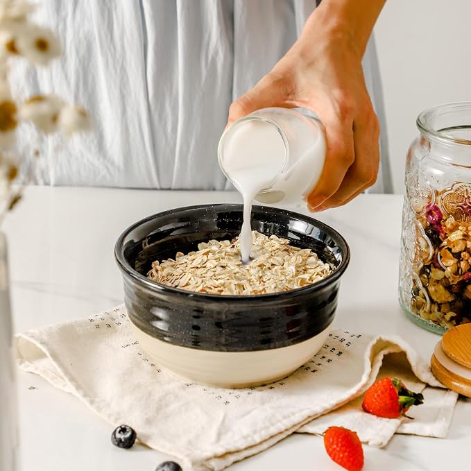 HASENSE Ceramic Cereal & Soup Bowls Set of 6, 20 Oz Black & Beige Stackable Stoneware Bowls, Farmhouse Bowls for Ramen, Salad, Oatmeal & Rice, Dishwasher & Microwave Safe