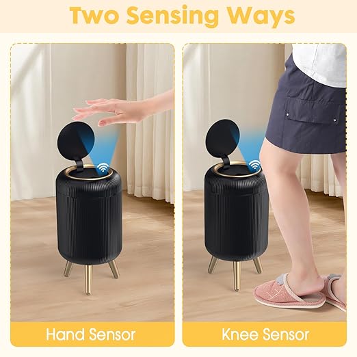 Automatic Motion Sensor Trash Can Bathroom,3 Gallon,Black and Gold | Touchless Trash Bin with Lid and Legs,Auto Diaper Garbage Can,Smalll Plastic Wastebasket for Office,Bedroom,Toilet,Kitchen