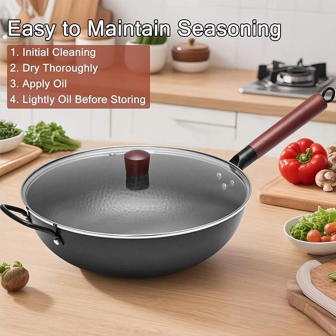 WANGYUANJI Carbon Steel Wok with Lid, 13.4" Hand Hammered Stir Fry Pan with Detachable Wooden Handle, Flat Bottom Wok Pan for Electric, Induction & Gas Stoves, No Coating (Black)