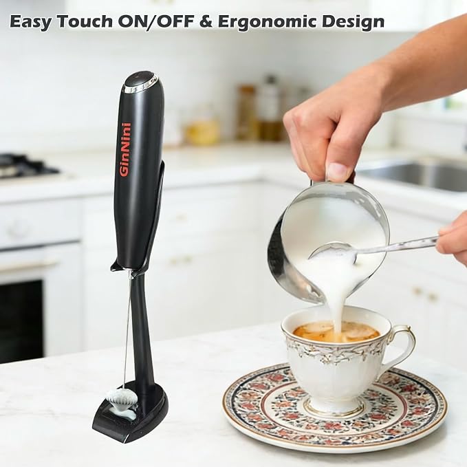 Milk Frother Handheld Stand & Drip Tray, Battery Operated Splash-free | Foam Maker, Auto Shut Off, Stainless Steel Whisk for Coffee, Latte, Cappuccino, Matcha