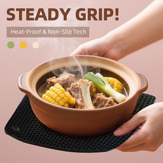 4 Pack Silicone Pot Holders & Hot Pads - Heat Resistant Non-Slip Mats for Kitchen Countertops, Trivets for Hot Dishes, Dishwasher Safe & BPA-Free (Black)