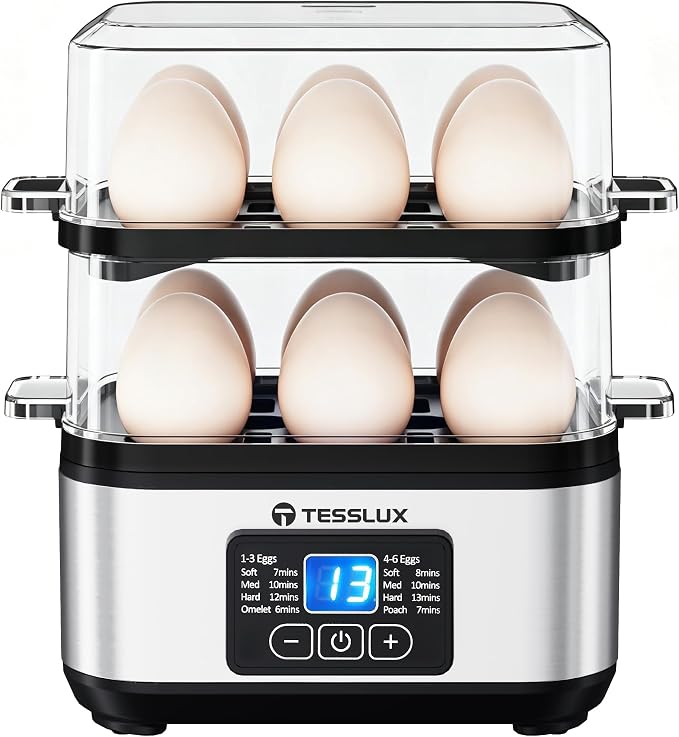 Tesslux Egg Cooker, Dual Layer 12 Egg Boiler, Soft Hard Poached, Silver | LED Countdown Timer, Touch Control, Poaching Bowl, Omelet Maker, Two Trays, Vegetable Steamer, Auto Shut-Off, Buzzer Alert