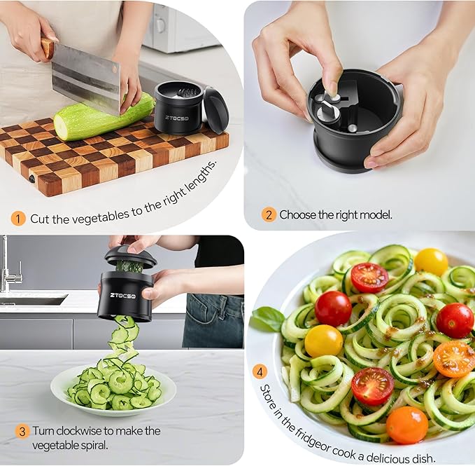 5 in 1 Safe Vegetable Mandoline Slicer for Kitchen, Adjustable Thickness | Zucchini Spiralizer Veggie Noodle Maker for Cucumber/Zoodle/Salad/Spaghetti/Pasta with Food Container, Cleaning Brush, Black
