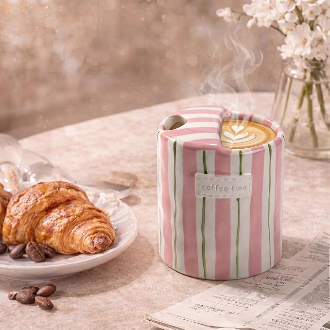 1 Pack Ceramic Mug with Sip Hole, Simple, Pink and Green | 10oz Ceramic Coffee Cup with Straws, Retro Hand Painted Striped, for Iced Coffee Tea Latte Espresso, Kitchen Dining Travel