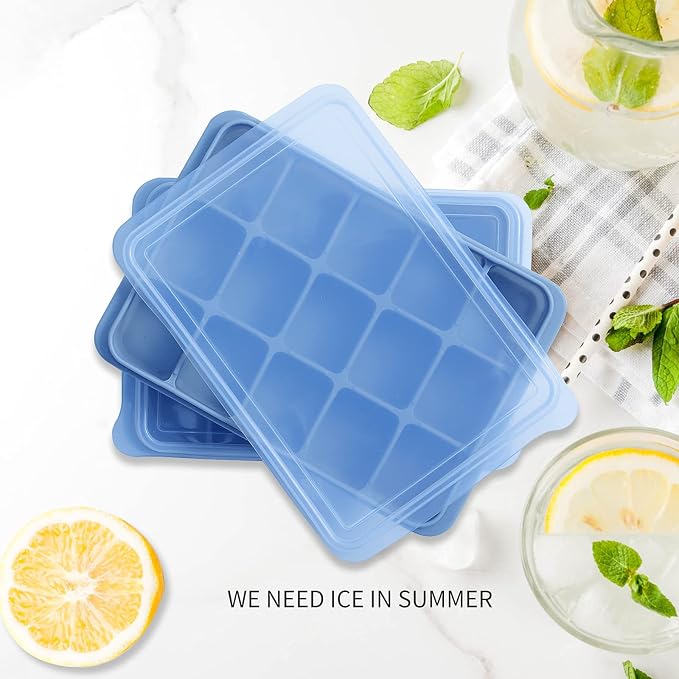 Tvmania Ice Cube Trays Set of 2, 15-Cube Silicone Molds with Removable Lids | Stackable, easy release, BPA-free, reusable, for freezer and whiskey