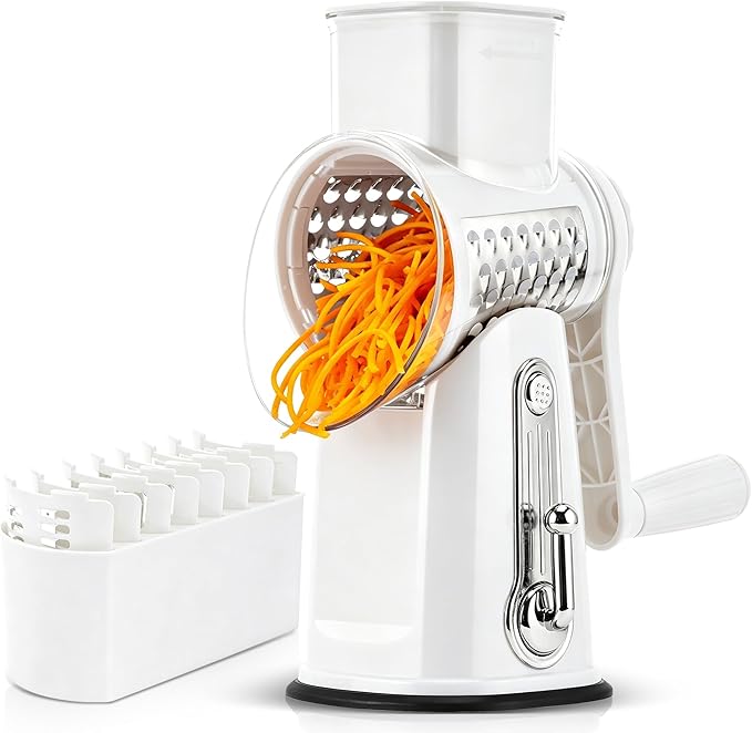 SUSTEAS Rotary Cheese Grater 5 Blades,Kitchen Mandoline Vegetable Slicer | White, Easy to Clean, Strong Suction Base, 5 Blades Storage Box, Round Mandoline Slicer & Food Chopper for Salad