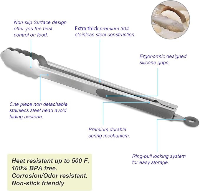 304 Stainless Steel Kitchen Cooking Tongs, 12 & 14 Inch, Set of 2, Grey | Locking Food Tongs with Non-slip Grips and Hanging Loops for Cooking, Grilling, BBQ and Serving, Dishwasher Safe