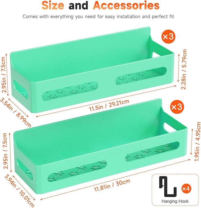 4-Pack Magnetic Spice Rack for Refrigerator with Hooks, Green | Strong multipurpose magnetic shelf for kitchen & bathroom organization. Includes 4 removable hooks for hanging items.