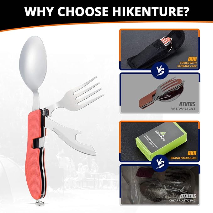 Camping Eating Utensils HIKENTURE 4-In-1 Stainless Steel Spoon Fork Knife Bottle Opener Set,Foldable Backpacking Cutlery for Traveling, Hiking, Boy Scout Gift(Red)