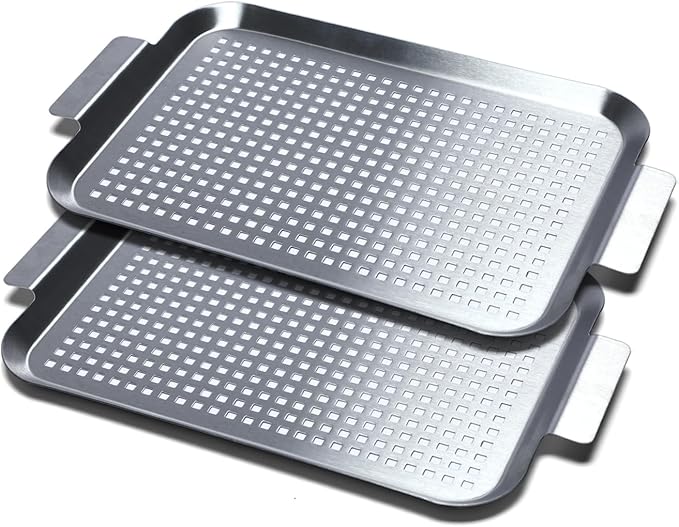 Grill Pan Set of 2, BBQ Grill Topper for Outdoor Grill, Small | Stainless Steel Grilling Baskets with Holes and Handles, Perforated Food Tray Barbecue Accessories for Vegetable, Fish