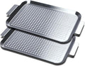 Grill Pan Set of 2, BBQ Grill Topper for Outdoor Grill, Small | Stainless Steel Grilling Baskets with Holes and Handles, Perforated Food Tray Barbecue Accessories for Vegetable, Fish