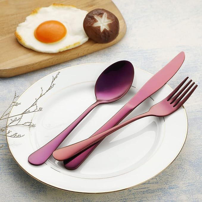 VANDBAO Portable Travel Utensils, Reusable Silverware with Case for Fixing Tableware, 9 Pieces Stainless Steel Stable Flatware Set, Camping Picnic Cutlery Set (Purple Set)