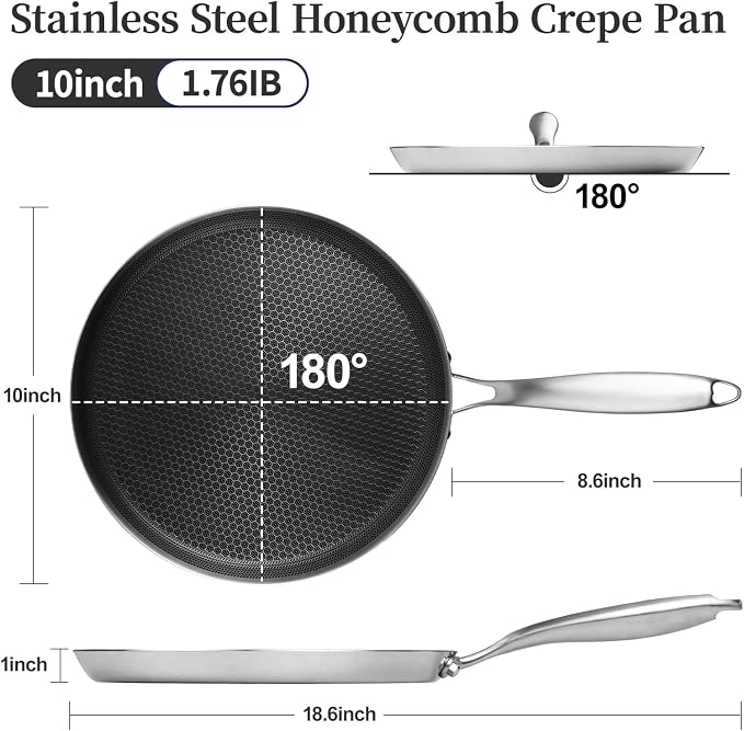 Innerwell 10 Inch Nonstick Crepe Pan, Stainless Steel Pancake Pan-Silver | Honeycomb coating, PFOA-free.Compatible with All Stoves,Stay-Cool Handles.Oven Safe&Dishwasher Safe