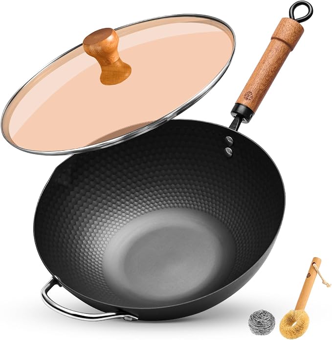WANGYUANJI Carbon Steel Wok Pan, 12.6 Inch Flat Bottom Stir Fry Pan with Lid, Uncoated Heavy Duty Iron Wok for Induction and Gas Stoves