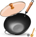 WANGYUANJI Carbon Steel Wok Pan, 12.6 Inch Flat Bottom Stir Fry Pan with Lid, Uncoated Heavy Duty Iron Wok for Induction and Gas Stoves