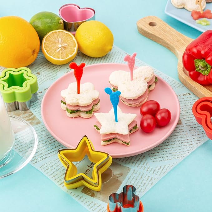 Nifogo Sandwich Cutter for Kids Lunch 48 Pcs (LARGE) | Sandwich Maker, Cookie Cutters and Sealer Set, Stainless Steel, Bread Decruster, Dinosaur Mickey Heart Shape for Boys Girls
