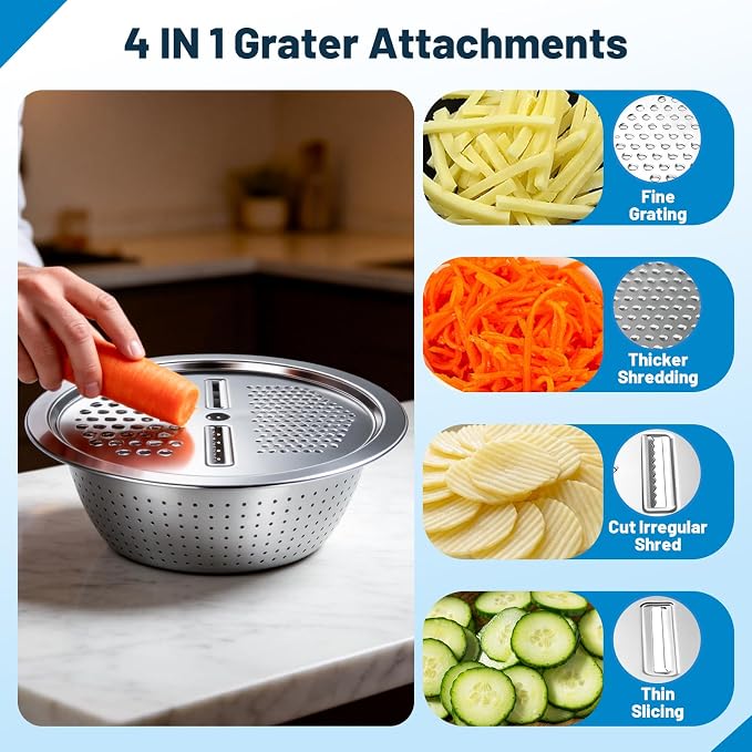 Stainless Steel Mixing Bowls with Lid and Colander Set | Size 6.3, 4.3, 3.6, 2.9QT,9Pcs Multipurpose Kitchen Metal Bowls with Grater,Colander,Egg Whisk,Separator for Baking Serving