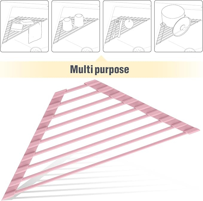 Tomorotec Triangle Roll Up Dish Drying Rack with Silicone Coating, Pink | 304 Stainless Steel with BPA-Free Silicone, Triangle Design Maximizes Sink Corner Space, Fits Compact Kitchens And RVs
