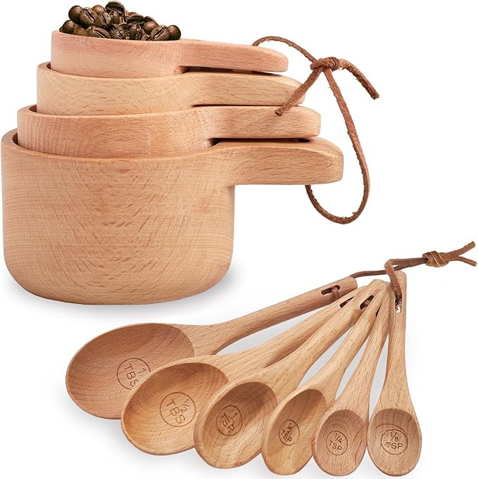 Wooden Measuring Cups and Spoons Set, 10 Piece, Handcrafted | Measuring Cup with Tablespoon Teaspoon Measuring Spoons, For Dry Ingredients, Natural Beech Wood, For Cooking Baking