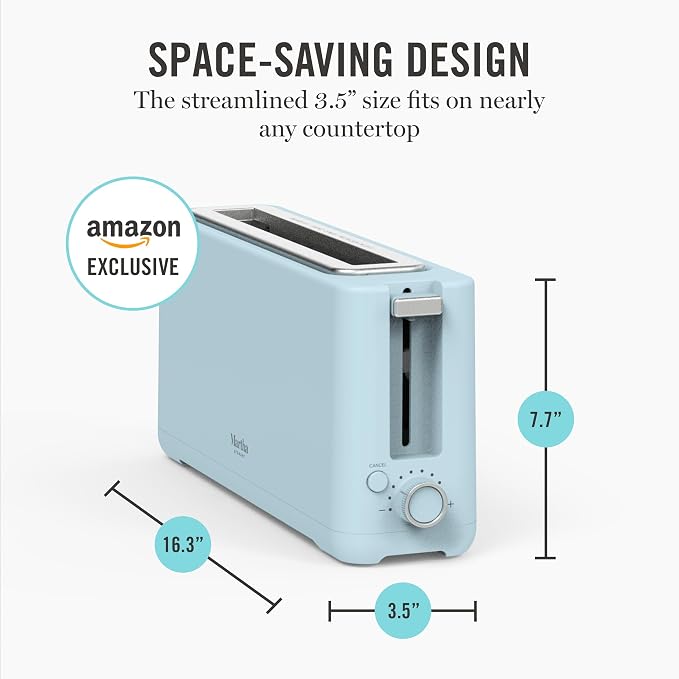 Martha Stewart 2 Slice Long Slot Toaster, Extra Wide, Sky Blue | 10 Shade Settings, 10” Wide Slot, Sourdough, Bagels, Artisan Bread & Waffles, Smart Centering, Removable Crumb Tray