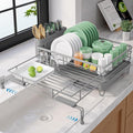 Kitsure Adjustable Dish Drying Rack, 15.6''-25.2''L × 16.9''W, Grey | Large Dish Drying Rack, Rust-Resistant Dish Racks for Kitchen Counter, With Adjustable Support Legs, Cutlery Holder