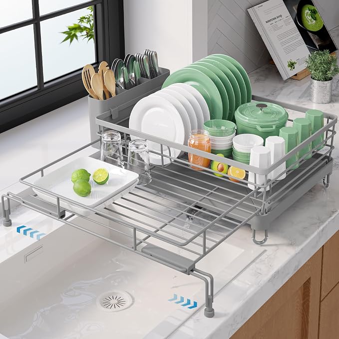 Kitsure Adjustable Dish Drying Rack, 15.6''-25.2''L × 16.9''W, Grey | Large Dish Drying Rack, Rust-Resistant Dish Racks for Kitchen Counter, With Adjustable Support Legs, Cutlery Holder