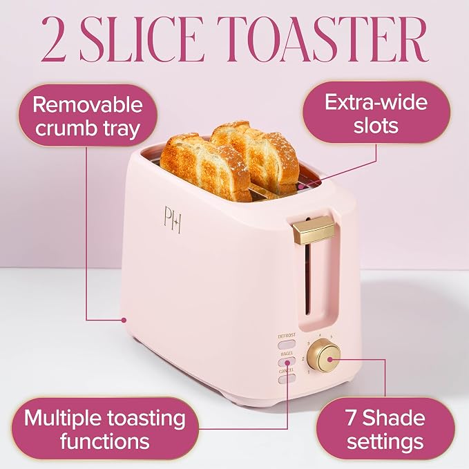 Paris Hilton 2-Slice Toaster, Extra-Wide Slots, 7 Browning Settings, Bagel & Defrost Functions, Removable Crumb Tray, Pink