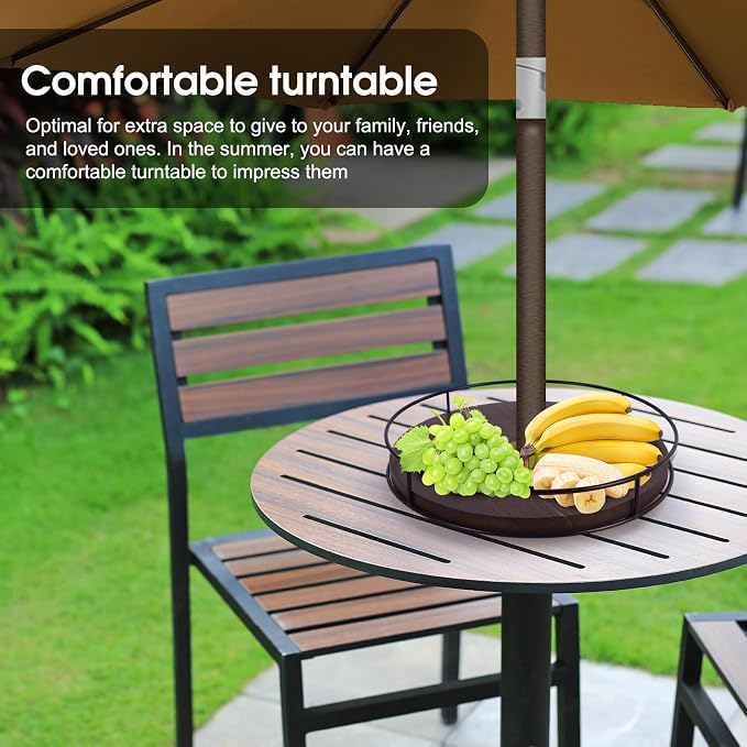 12" Lazy Susan with Umbrella Hole for Outdoor Patio Table - 360° Rotation Iron Turntable Organizer for Beach Umbrellas Patio Garden Swimming Pool (Brown)