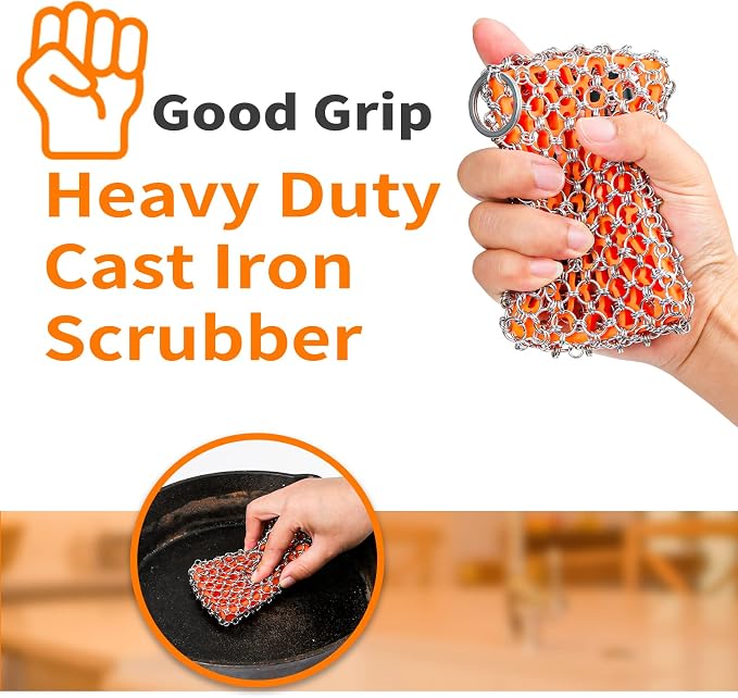 Herda 316L Cast Iron Scrubber Cleaner, Large Cast Iron Chain Mail Scrubber - Chainmail Scrubber Sponge - Metal Skillet Scrubbing, Wok, Dutch Oven Cleaning Kit-Detachable