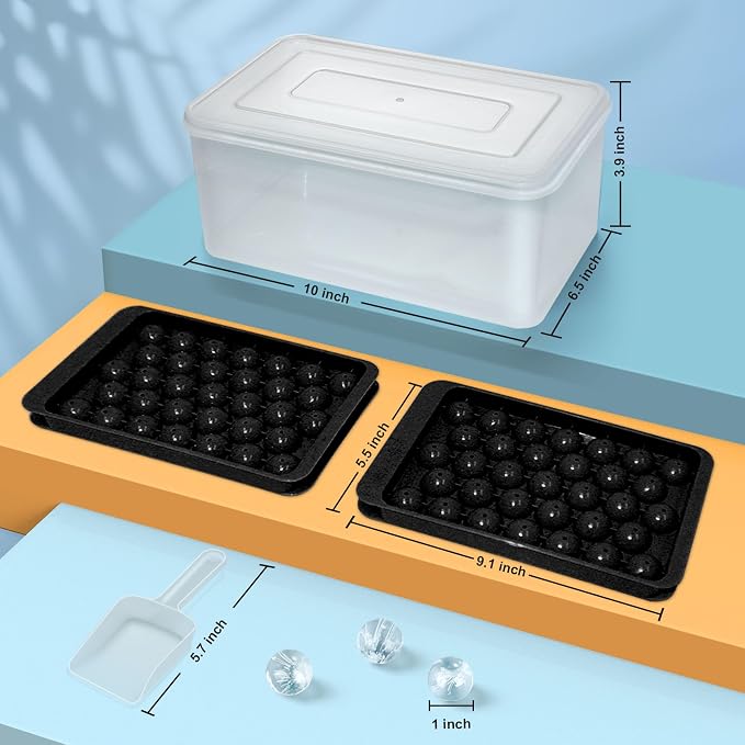 Ice Cube Tray with Lid and Bin, 1" Round Ice Trays for Freezer | 2 Black Ice Cube Trays with Ice Box & Scoop, 1" Round Ice Balls for Iced Coffee & Juice, Easy Twist Release, For Gatherings