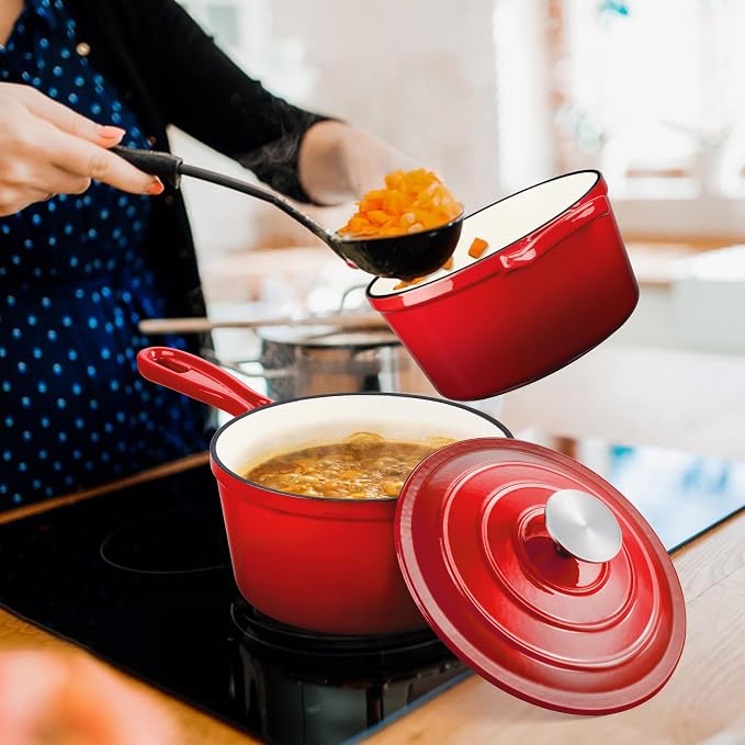 Leonyo 1Qt & 2Qt Saucepan Set, Small Cast Iron Dutch Oven Kitchen Pot, Red | For All Cooktops Cooking Pasta, Milk, Oatmeal - Up to 500°F & Nonstick